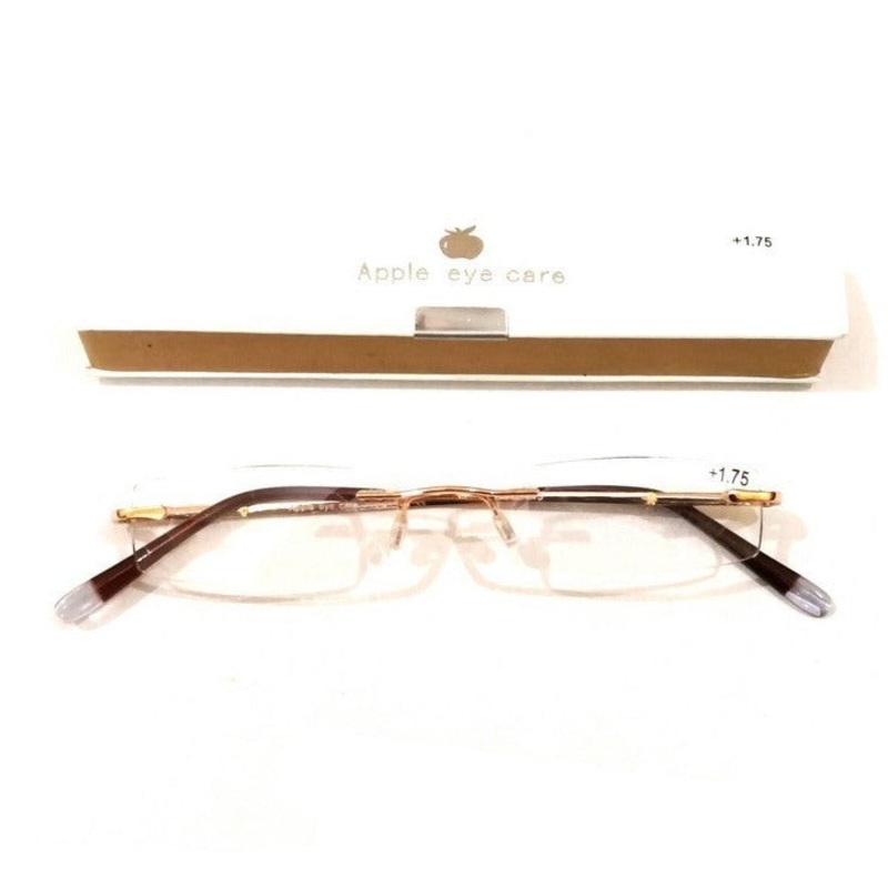 Premium Crystal Slim Rimless Reading Glasses Gold Frame Power +1.00 1
